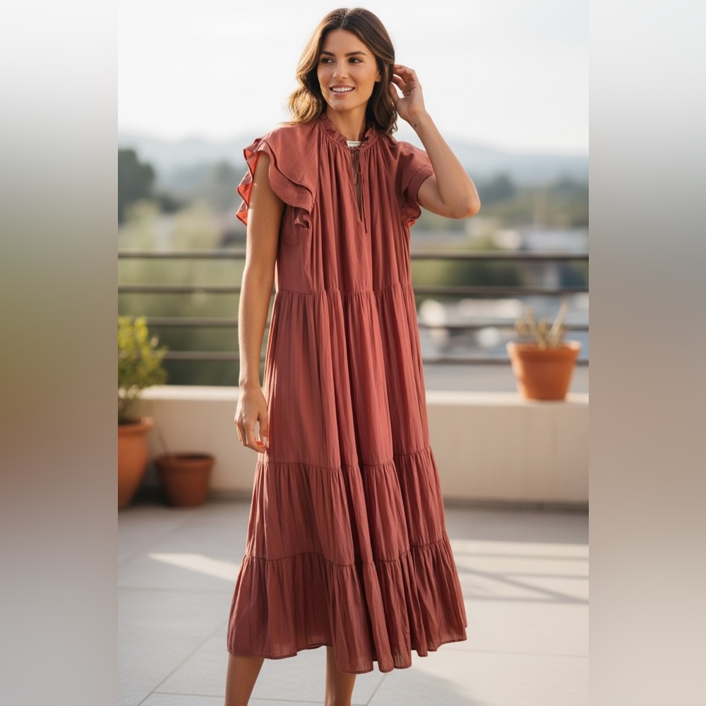 Lavender Brown NEW Women’s Elegant Rust Tiered Maxi Dress - Picture 2 of 2